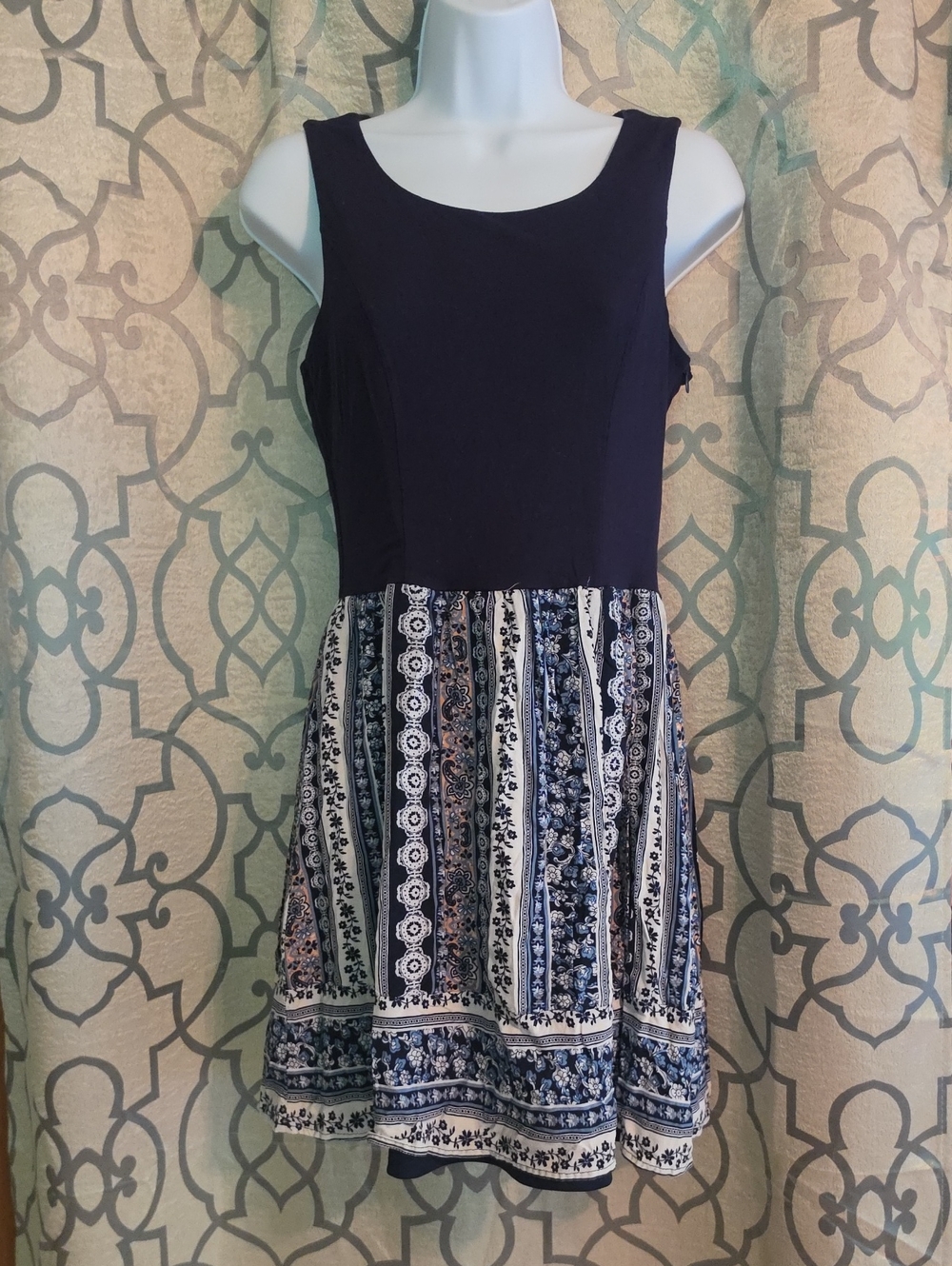 Doe & Rae Navy Sleeveless Dress with Blue & White Printed Skirt